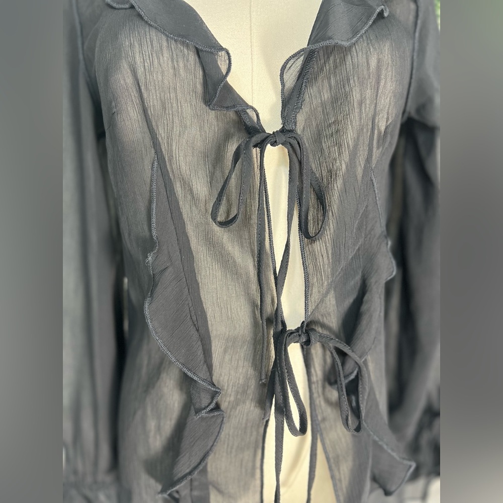 Y2K H And M Divided Sheer Black Ruffle Button Up Tie Front Whimsigoth Top Small - Picture 2 of 12